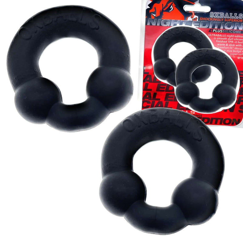 Ultra Balls 2 Pack Cock Ring Night by Oxballs in velvety Silicone finish. Black stretchy rings for enhanced performance.