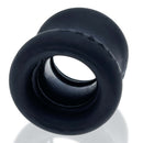 Black, hourglass-shaped squeeze ball stretcher Night from Oxballs, made of super soft, stretchy FlexTPR for comfortable and ergonomic grip.