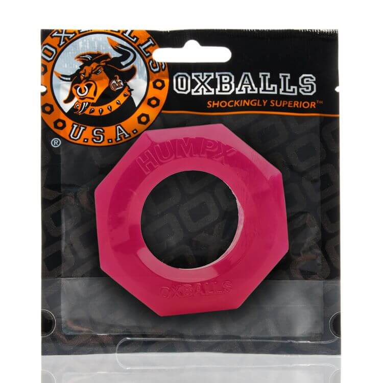 Humpx Cock Ring Hot Pink from Oxballs in packaging, made from Flex/TPR for comfort, displaying super soft and stretchy design.