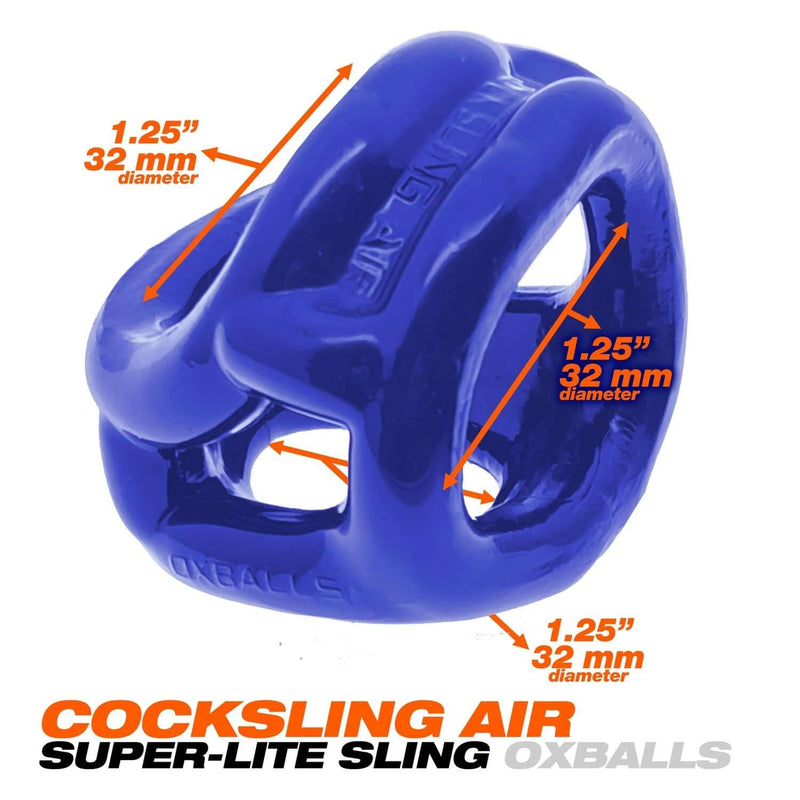 Cocksling Air Sling Pool Blue by Oxballs in blue with dimensions marked 1.25 inches (32 mm). Lightweight super-stretchy Flextpr design.