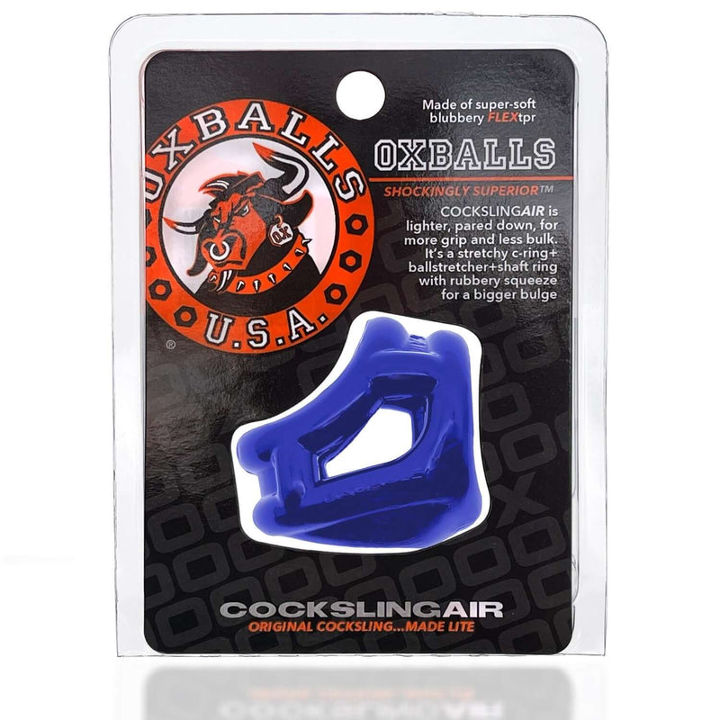 Oxballs Cocksling Air Sling Pool Blue in packaging featuring stretchy Flextpr material for a comfortable fit and enhanced grip.