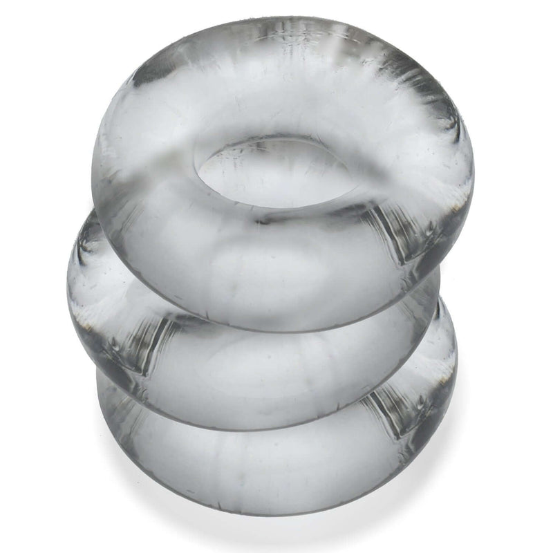 Oxballs Fat Willy 3 Pack Clear non-roll grippy rings for enhanced pleasure stacked vertically.