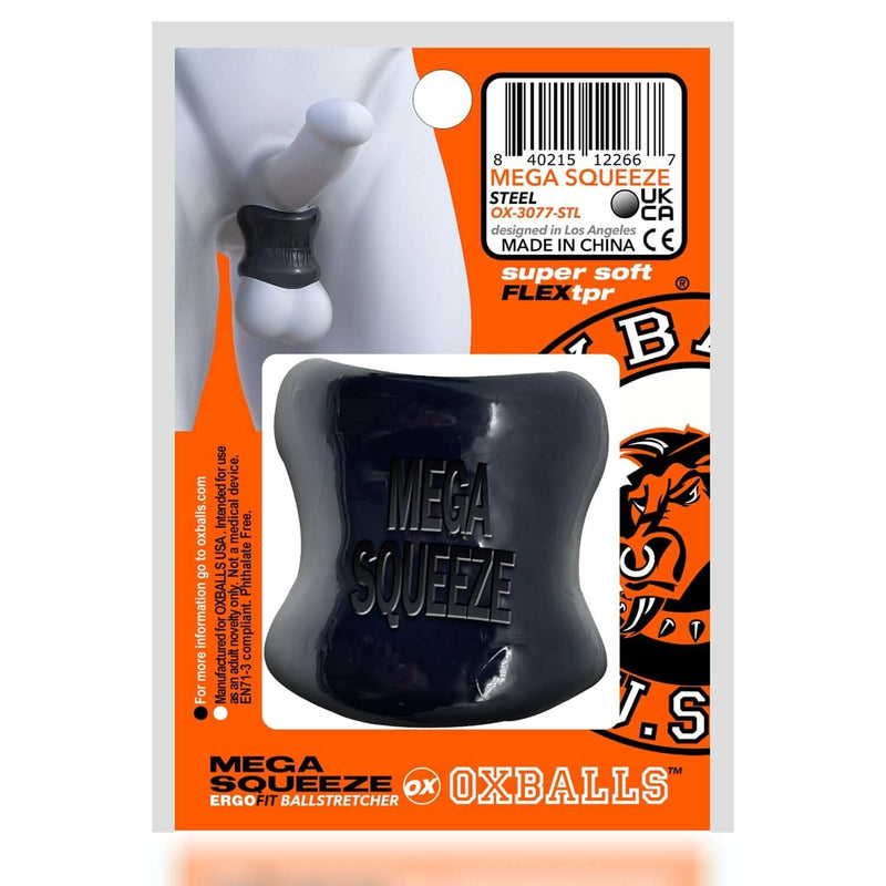 Mega Squeeze Ball Stretcher Black packaging from Oxballs with ergo fit design and stretchy Flex TPR material