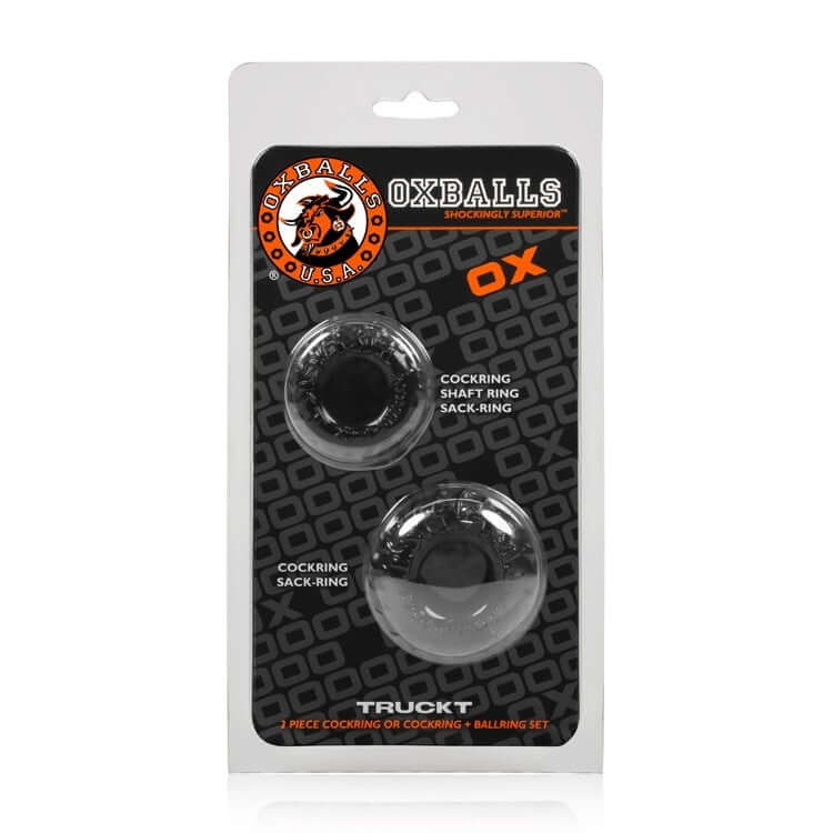 Truckt 2 Pieces Cock Ring Set Night from Blue Oxballs in packaging showing two different sized rings.
