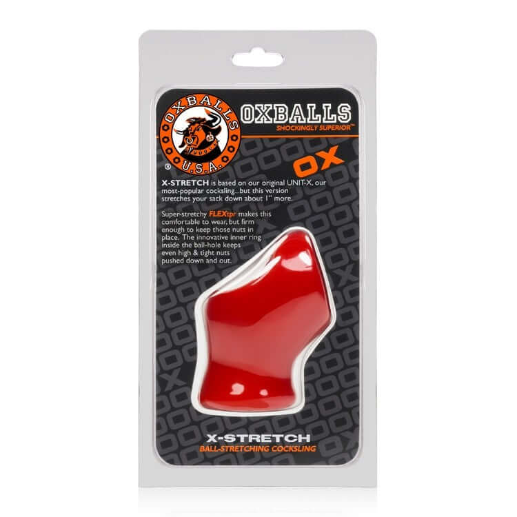 X-Stretch Sling Red from Oxballs in packaging for ball-stretching, ergonomic design, and sleek red finish