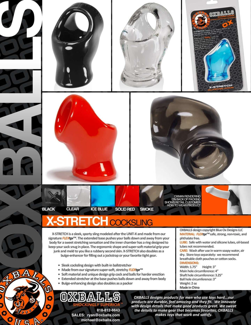 Oxballs X-Stretch Sling available in black, clear, ice blue, red, and smoke color options, featuring ergonomic design and signature Flex TPR material.