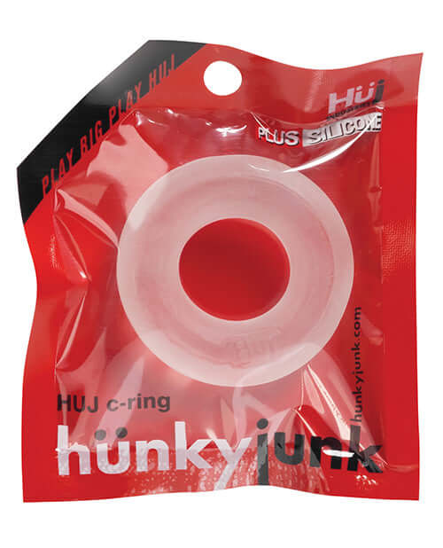 Hunky Junk HUJ C-Ring Ice Clear Cock Ring in red packaging, enhances pleasurable bedroom experiences.