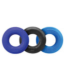 Hunky Junk HUJ C-Rings 3 Pack in blue, black, and light blue for versatile and comfortable use