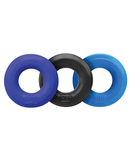 Hunky Junk HUJ C-Rings 3 Pack in blue, black, and light blue for versatile and comfortable use