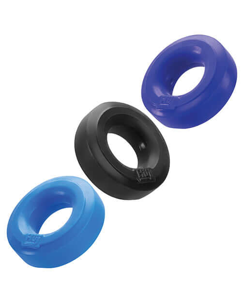 Versatile blue, black, and purple Hunky Junk HUJ C-Rings by Oxballs for comfortable intimate enhancement in a 3-pack set