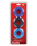 Hunky Junk HUJ C-Rings 3 Pack in original packaging, featuring versatile and comfortable silicone cock rings in blue, black, and purple.