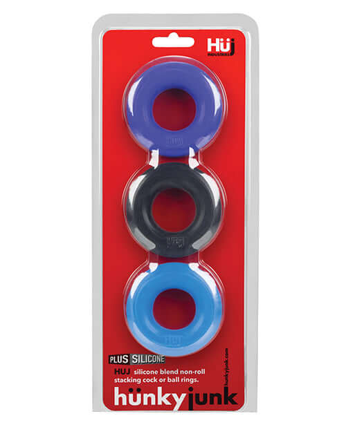 Hunky Junk HUJ C-Rings 3 Pack in original packaging, featuring versatile and comfortable silicone cock rings in blue, black, and purple.