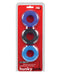 Hunky Junk HUJ C-Rings 3 Pack in original packaging, featuring versatile and comfortable silicone cock rings in blue, black, and purple.