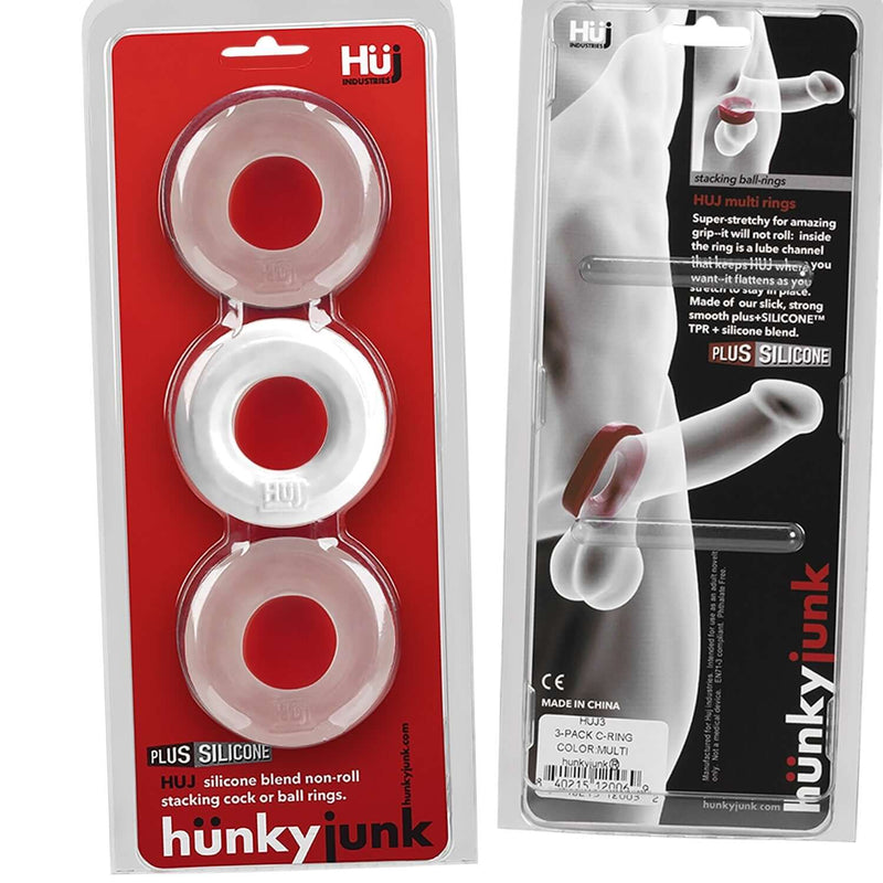 Hunky Junk HUJ C-Ring 3 Pack by Oxballs in packaging, showcasing optimized design and silicone material for superior intimate play.