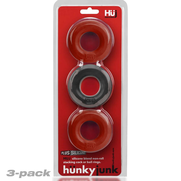 Hunky Junk HUJ C-Ring 3 Pack in Cherry Red and Tar, designed for ultimate comfort and performance, displayed in packaging.