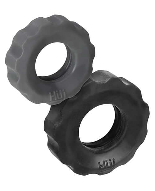 Oxballs Hunky Junk COG 2 Size Cock Rings in black, displaying knurled grip surface texture - includes 1 small and 1 large ring for versatile use