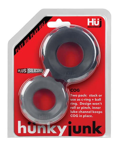 Pack of Oxballs Hunky Junk COG 2 Size Cock Rings with silicone material in black packaging