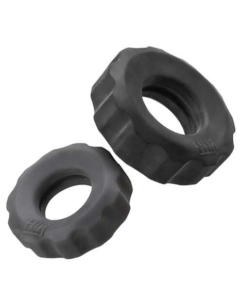 Oxballs Hunky Junk COG 2 Size Cock Rings - Small and Large Rubber Rings with Knurled Grip Surface in Dark Color