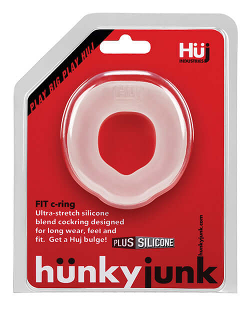 Hunkyjunk Fit Ergo C-Ring by Oxballs in packaging, ultra-stretch silicone cock and ball ring for comfort and pleasure