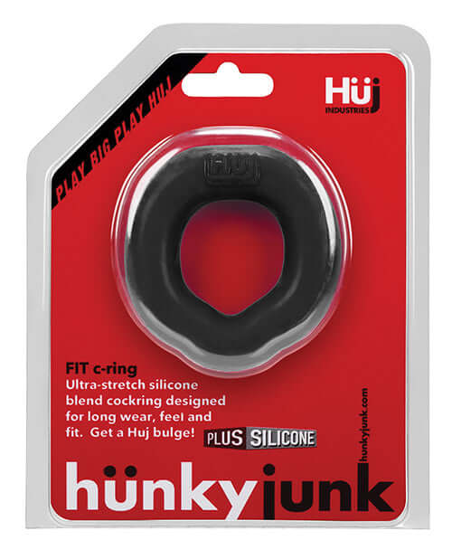 Hunkyjunk Fit Ergo C-Ring in black packaging by Oxballs, ultra-stretch silicone cock and ball ring for comfortable and secure fit