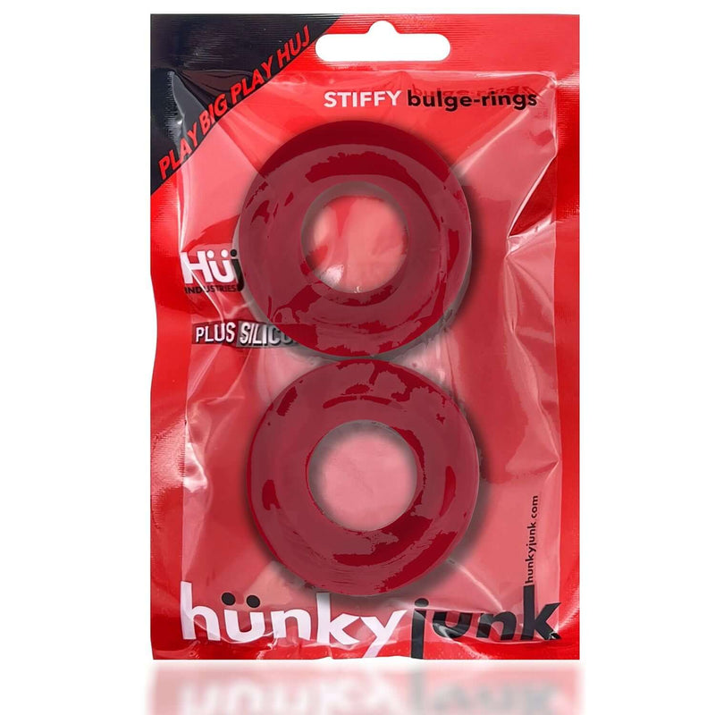Oxballs Stiffy 2-Pack C-Rings in Cherry Ice packaging showing non-roll, high-grip silicone cock rings for enhanced play
