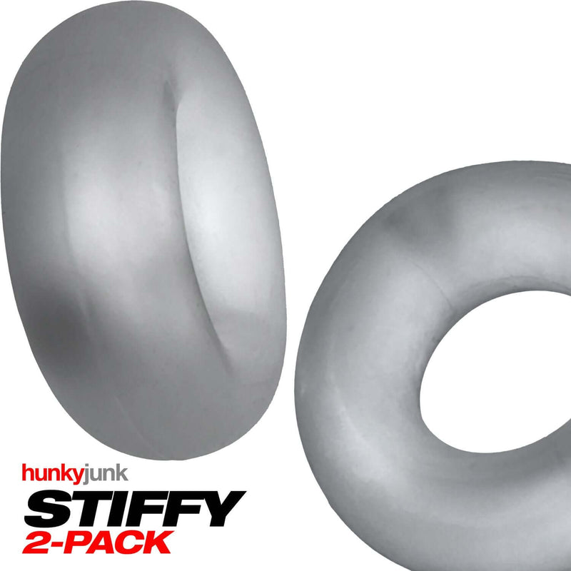 Oxballs Stiffy 2-Pack Silicone C-Rings by Hunkyjunk in silver, providing firm grip and comfort for enhanced performance.