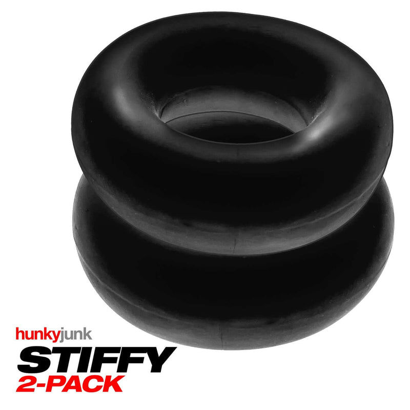 Stiffy 2 Pack C-Rings Tar Ice by Oxballs, non-roll, firm grip cock rings by Hunkyjunk, shown in a stack with black finish.