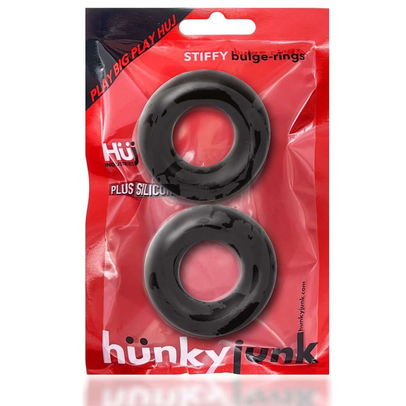 Hunkyjunk Stiffy 2 Pack C-Rings in Tar Ice packaging featuring two grippy, non-roll silicone cock rings for firm grip and big play.