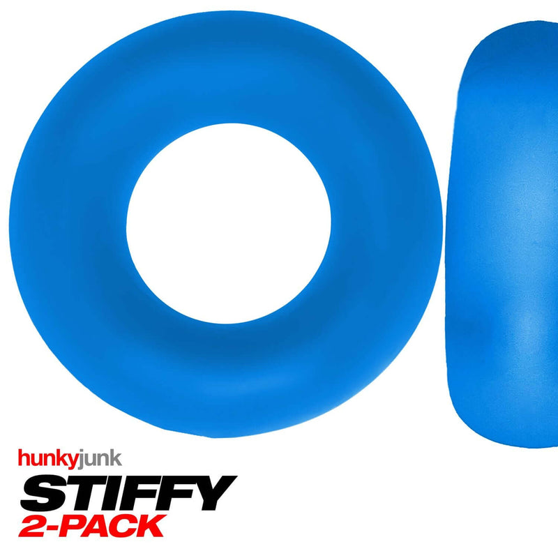 Hunkyjunk Stiffy 2 Pack C-Rings in Teal Ice Pool Blue, firm grip non-roll silicone cock rings designed for comfort and durability.
