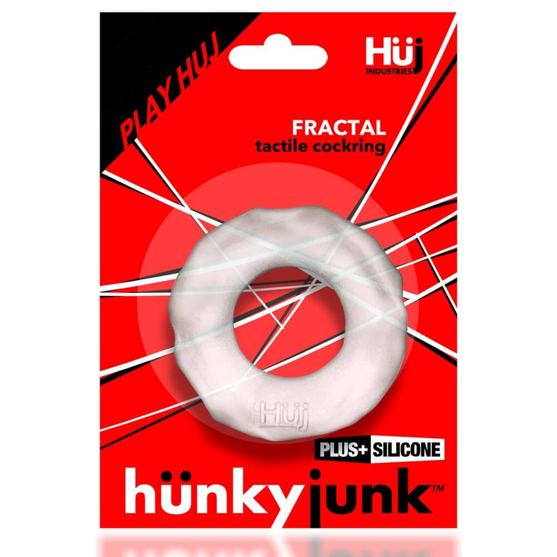 Hunkyjunk Fractal Cock Ring Clear packaging with Plus+Silicone mix for extended play