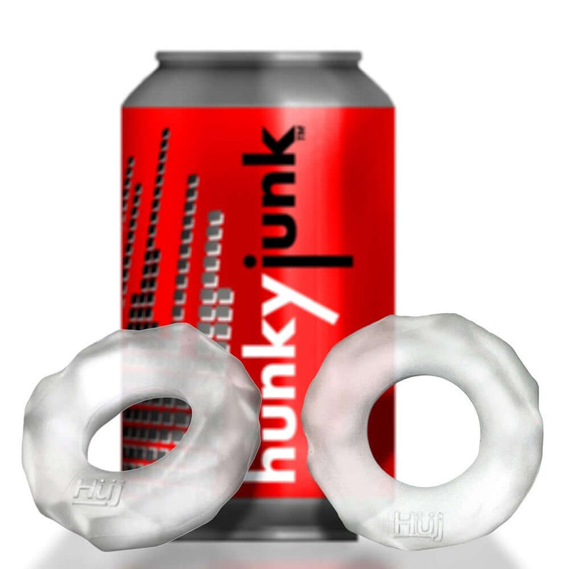 Clear Hunkyjunk Fractal Cock Ring from Oxballs with red can background
