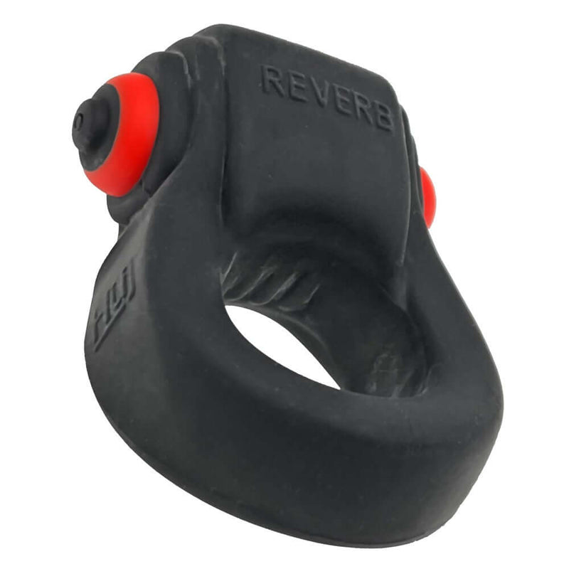 Hunky Junk Revring Tarr Ice vibrating cock ring by Oxballs, black and red rubbery stretch with mid-size buzz vibe bullet for snug fit and longer play
