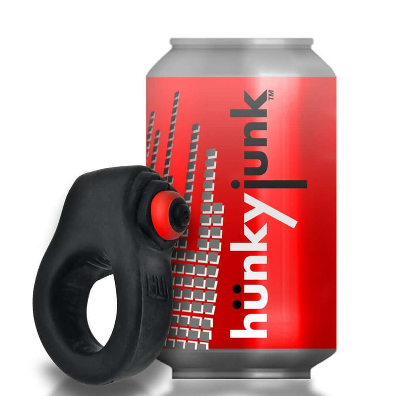 Hunky Junk Revring Tarr Ice vibrating cock ring with red hunky junk can in background
