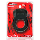Hunky Junk Revring Tarr Ice vibrating cock ring with rubbery super-buzz vibe in black packaging.