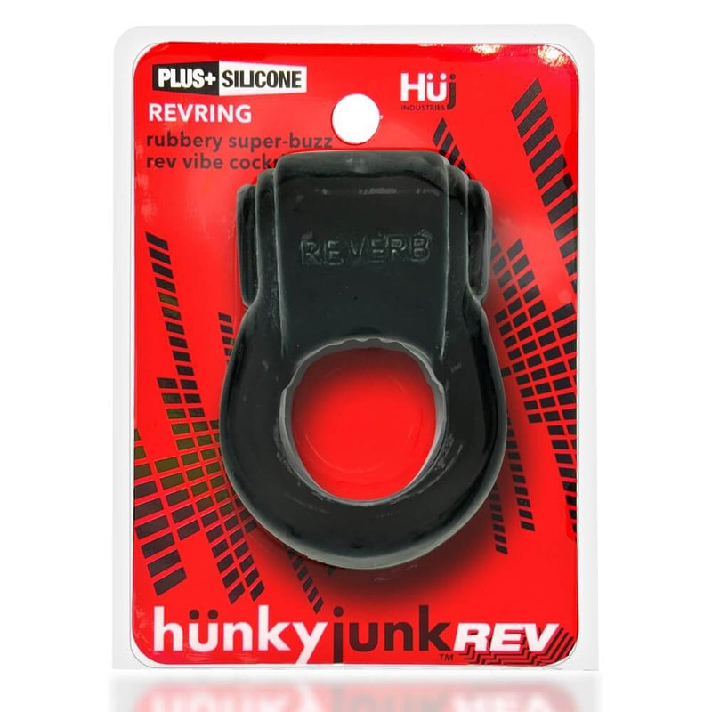 Hunky Junk Revring Tarr Ice vibrating cock ring with rubbery super-buzz vibe in black packaging.