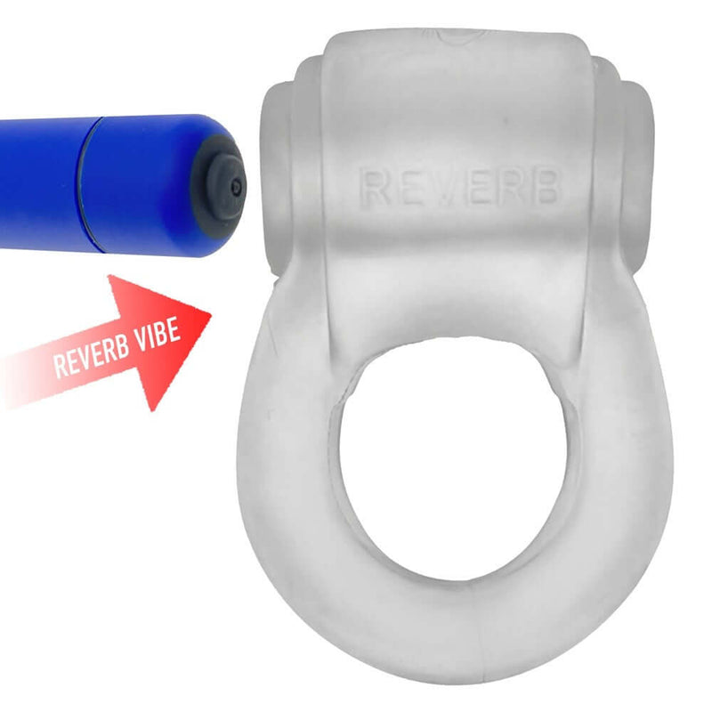 Hunky Junk Revring Clear Ice vibrating cock ring with blue buzz vibe bullet.