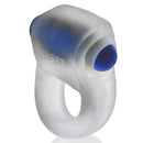 Clear Ice Revring vibrating cock ring by Oxballs with blue accents, offering a snug fit and 360-degree stimulation for enhanced pleasure.