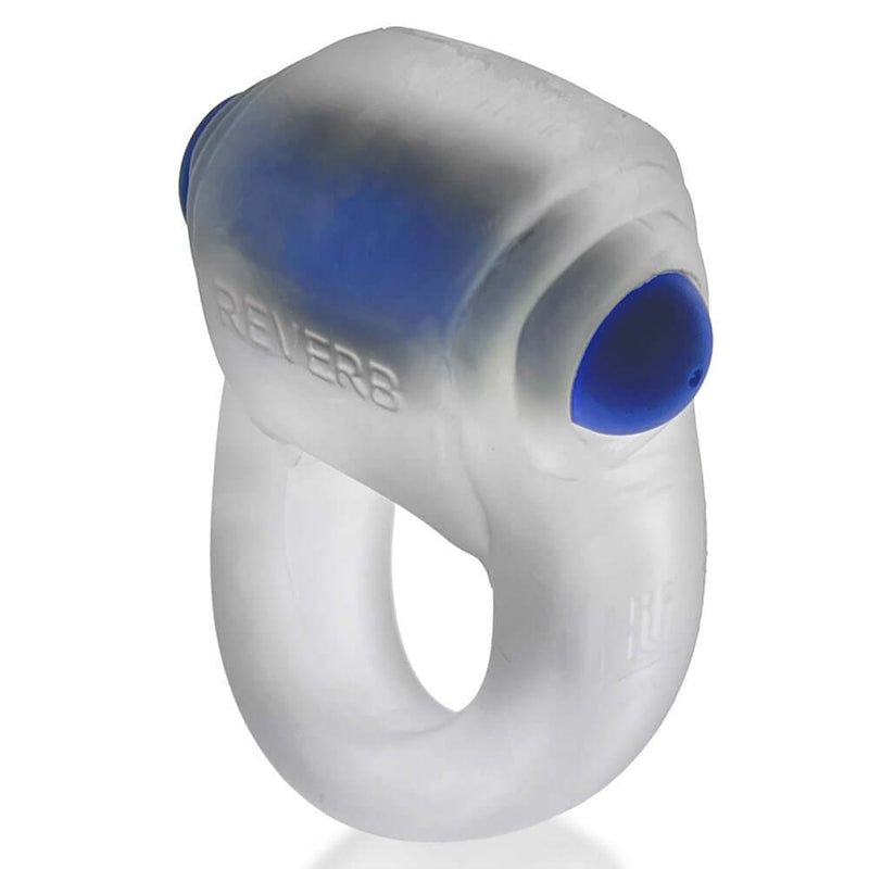 Clear Ice Revring vibrating cock ring by Oxballs with blue accents, offering a snug fit and 360-degree stimulation for enhanced pleasure.