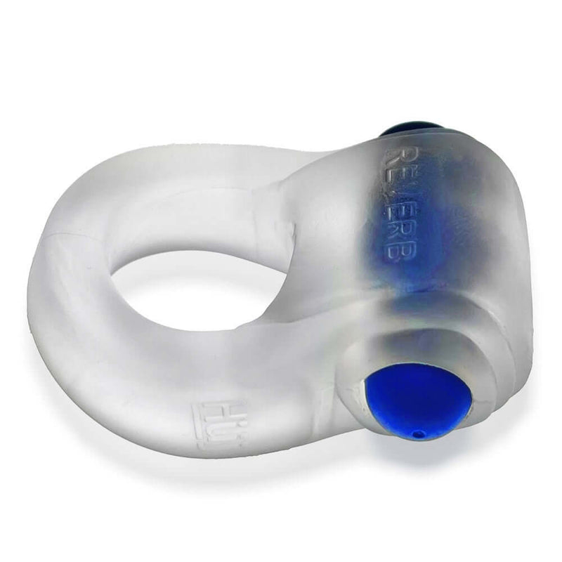 Hunky Junk Revring Clear Ice vibrating cock ring with blue accent for enhanced pleasure and comfort.