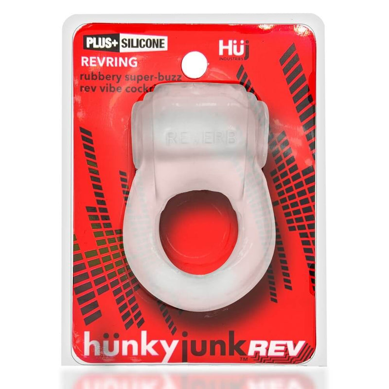 Hunky Junk Revring Clear Ice vibrating cock ring in packaging from Oxballs