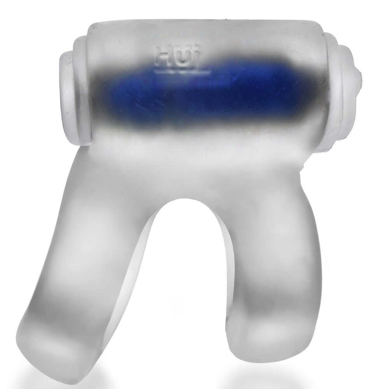 Hunky Junk Revhammer Clear Ice Vibrating Cock Ring from Oxballs, featuring a translucent design with a blue vibration component.