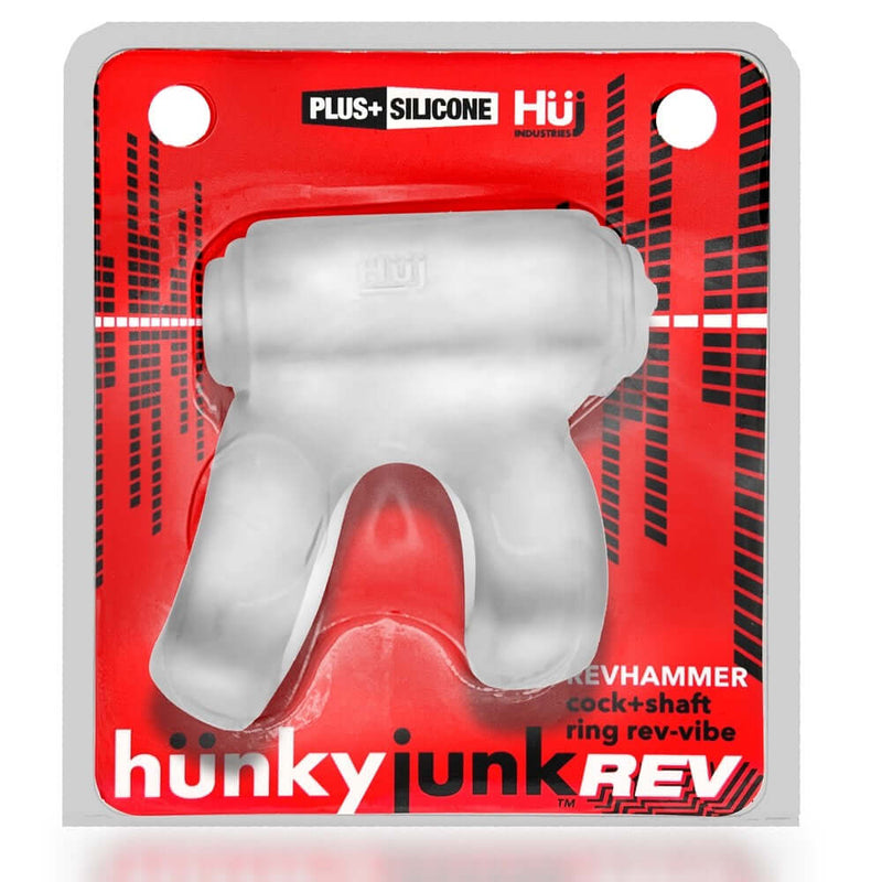 Hunky Junk Revhammer Clear Ice Vibrating Cock and Shaft Ring from Oxballs in packaging