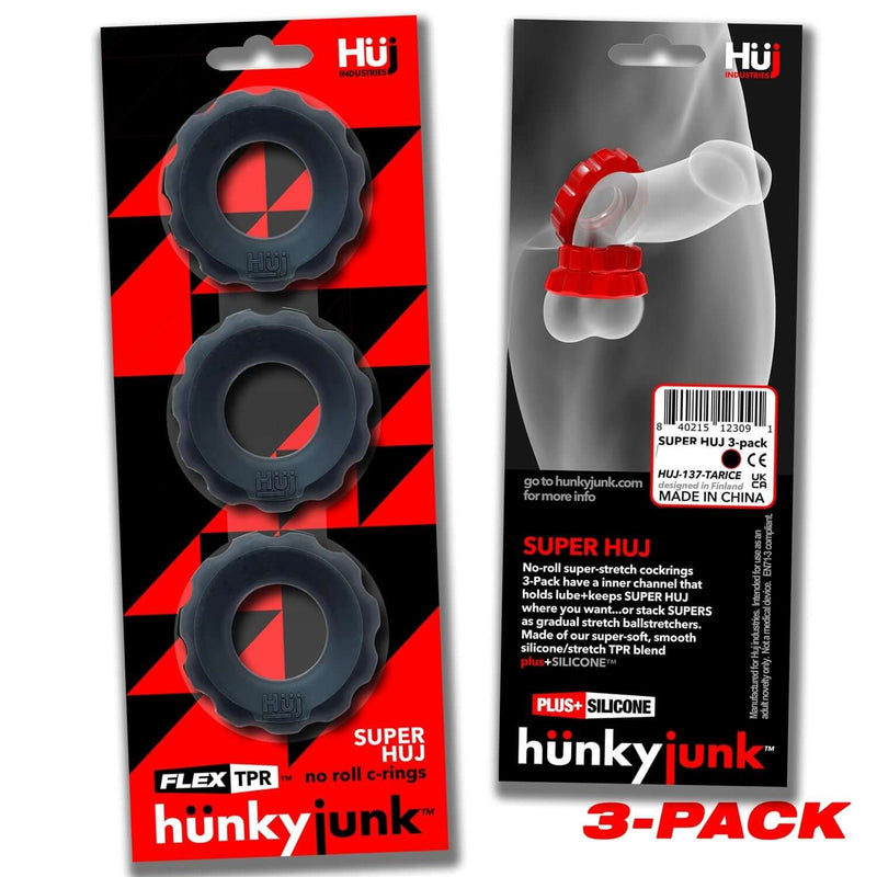 Super HUJ 3 Pack Cock Rings by Hunkyjunk in packaging, with flexible no-roll design and silicone/TPR blend for enhanced comfort and performance