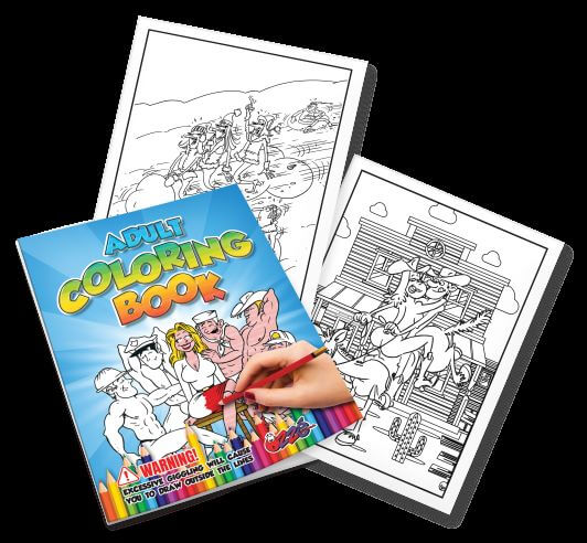 Adult Coloring Book by Ozze Creations with humorous warning, featuring two coloring pages and vibrant cover art.