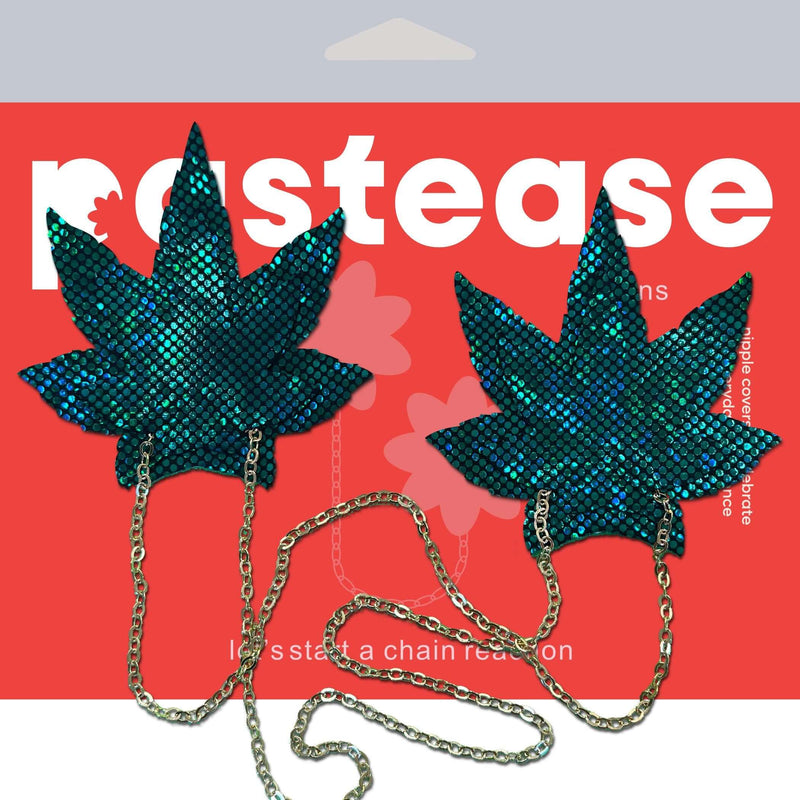 Shattered Glass Disco Ball Green Weed with Gold Chain Nipple Pasties by Pastease in packaging