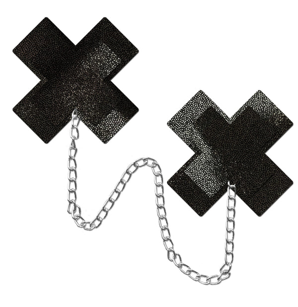 Pastease Pastease Chains Liquid Black X Cross with Chunky Silver Chain Nipple Pasties at $17.99