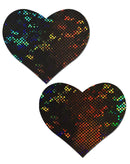 Pastease Love Shattered Glass Disco Ball Black Heart Nipple Pasties with colorful reflection pattern.