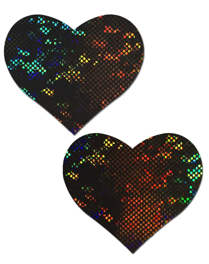 Pastease Love Shattered Glass Disco Ball Black Heart Nipple Pasties with colorful reflection pattern.