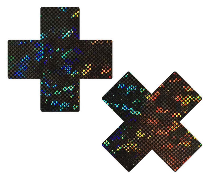 Glittery black cross-shaped nipple pasties with a shattered glass disco ball effect by Pastease.