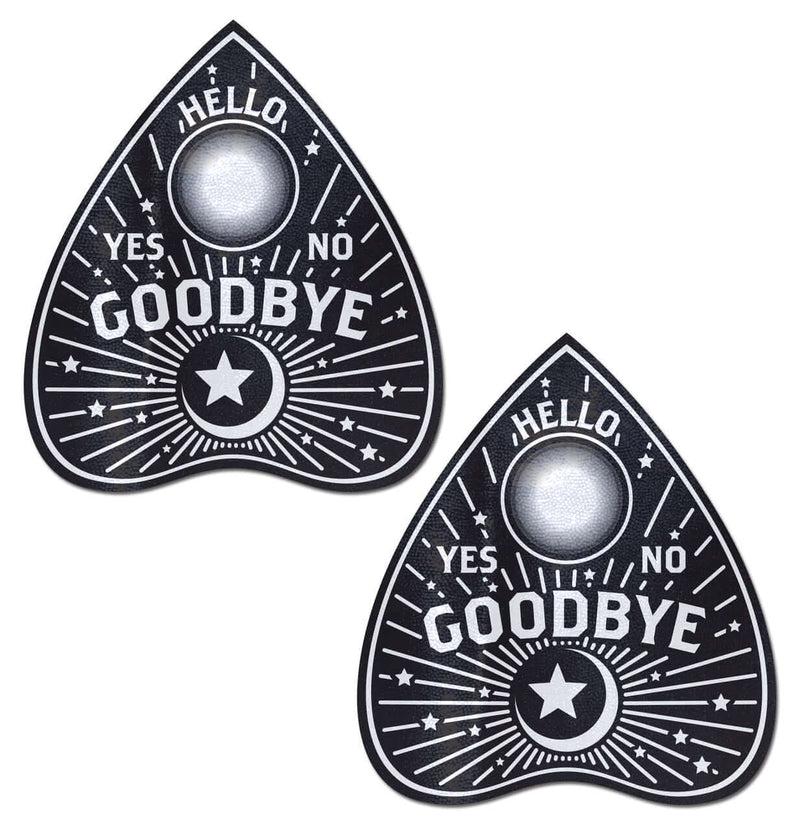 Liquid black Ouija planchette nipple pasties with star design by Pastease, mystical and sexy accessories.